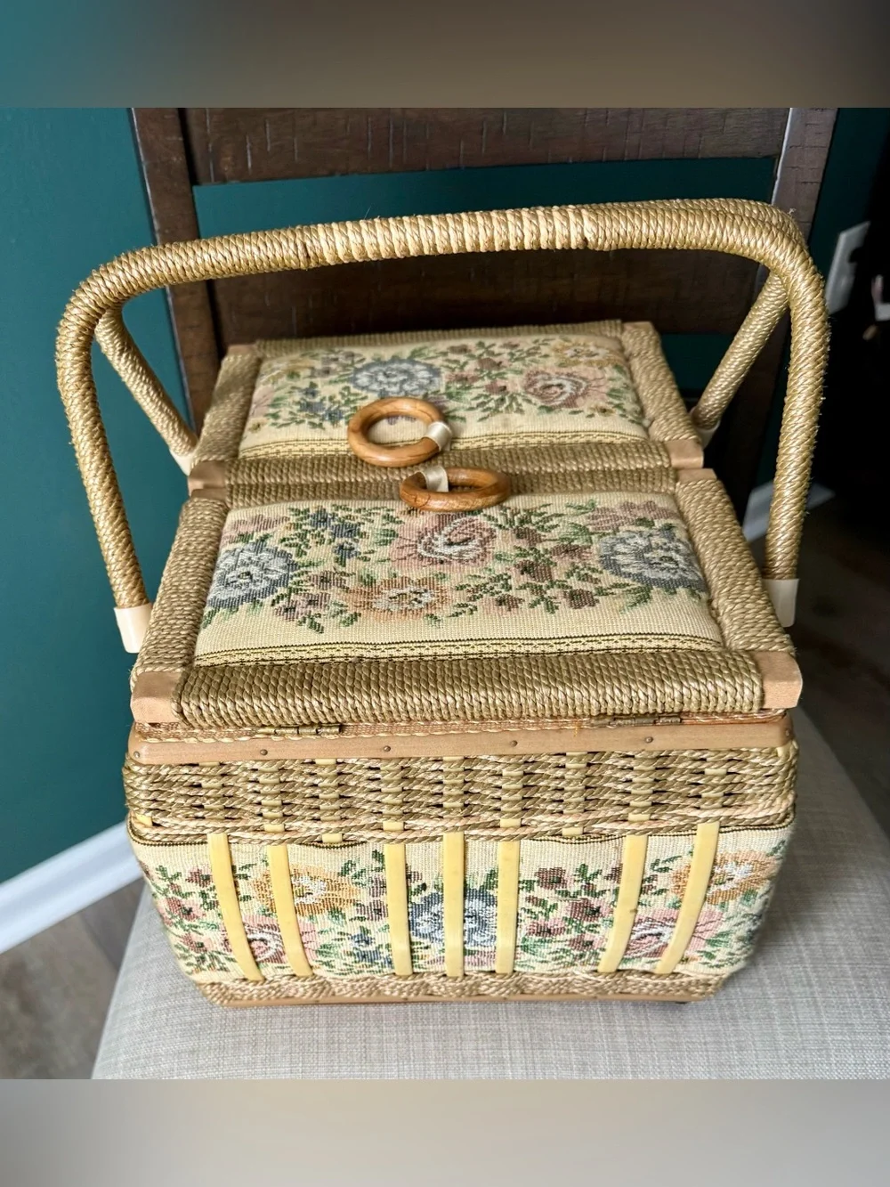 Vintage AZAR Woven Wicker Sewing Basket with Floral Tapestry